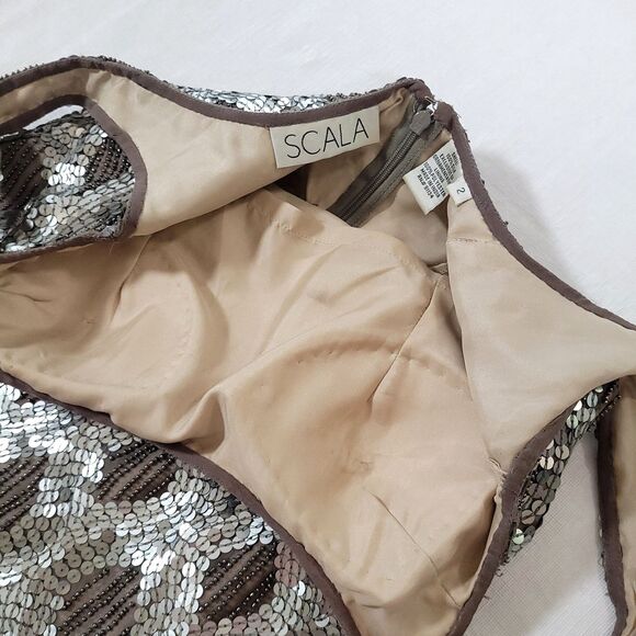 Scala Silk Sequin Beaded Cocktail Dress 2 Silver sheath Lined Sleeveless formal - Picture 12 of 16